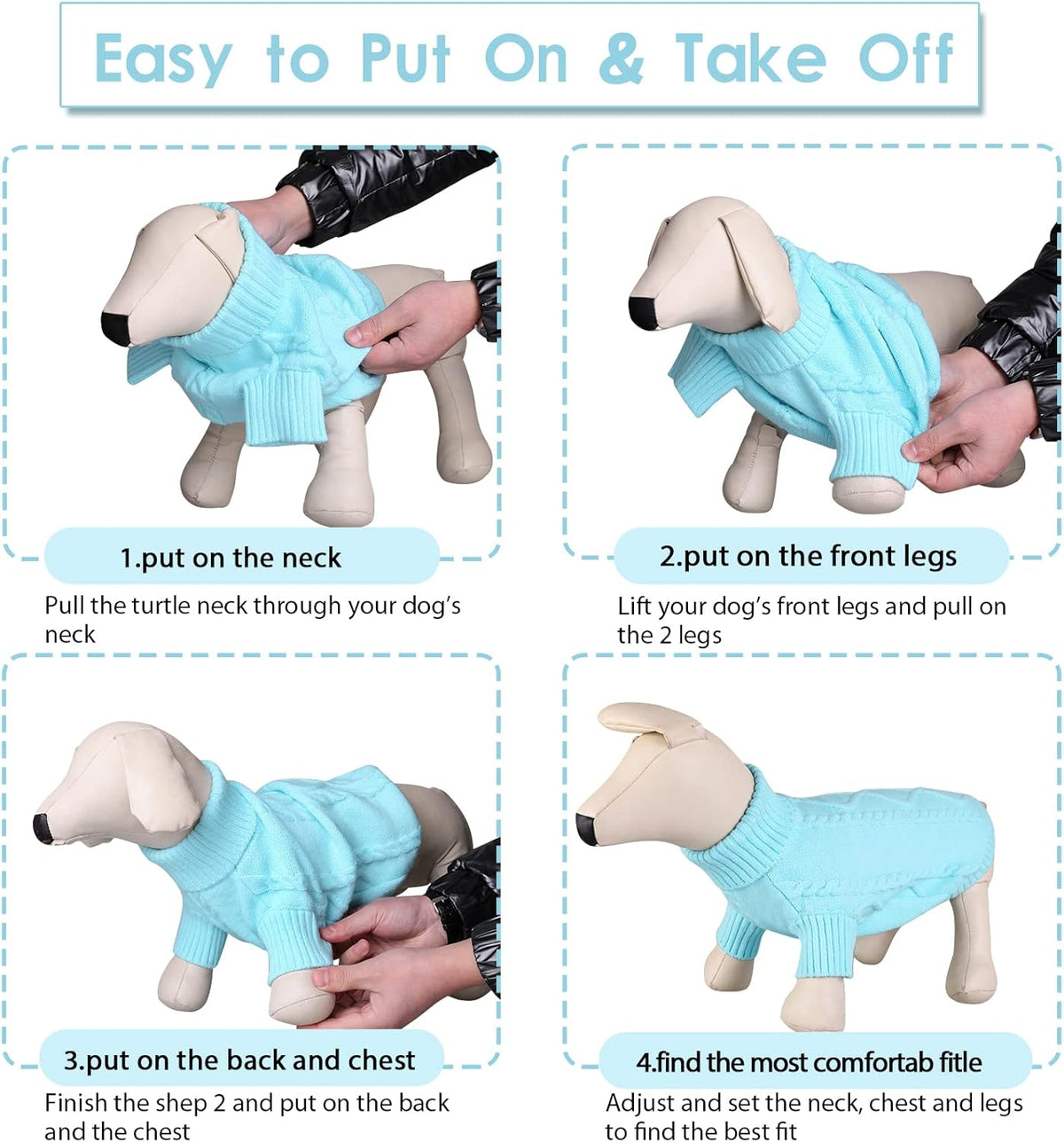 Queenmore Small Dog Pullover Sweater, Cold Weather Cable Knitwear, Classic Turtleneck Thick Warm Clothes for Chihuahua, Bulldog, Dachshund, Pug (Sky Blue, Large)