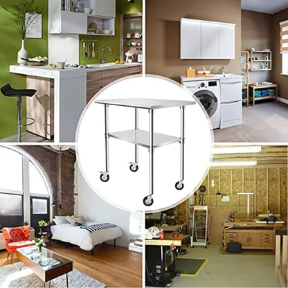 Stainless Steel Table - Metal Table Cart - Commercial Workbench with Caster Wheel - NSF Certified - for Restaurant, Warehouse, Home, Kitchen, Garage,36''x24''