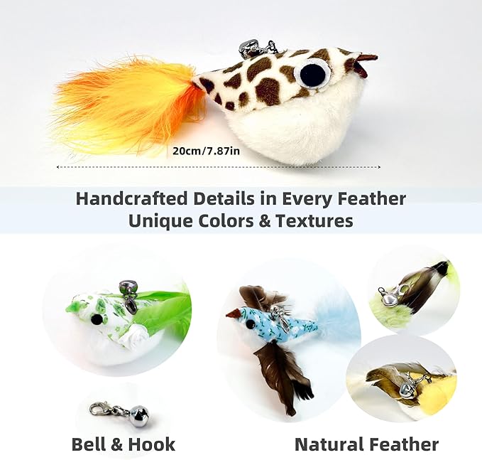 11 PCS Multi-Functional Cat Toy Replacement Heads – Realistic Handmade Bird Teasers with Bells & Detachable Clip, for Interactive Play, Indoor Enrichment & Home Decoration
