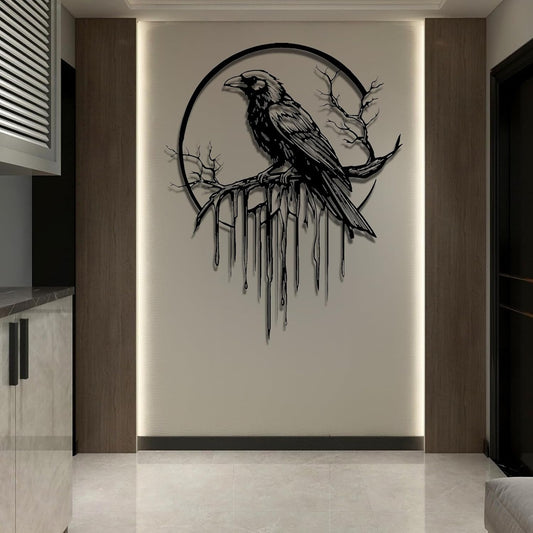Crow Metal Wall Decor, Raven Wall Art, Large Gothic Raven Decor Hangings, Bird Wall Decor, Metal Tree Branch Decor, Ravens Sign, Raven Art for Living Room (Gold, 28"x22" |70x56cm, metal wall art)