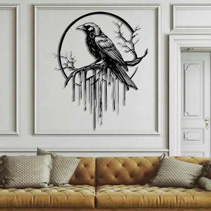 Crow Metal Wall Decor, Raven Wall Art, Large Gothic Raven Decor Hangings, Bird Wall Decor, Metal Tree Branch Decor, Ravens Sign, Raven Art for Living Room (Black, 35"x28" | 90x72cm, metal wall art)