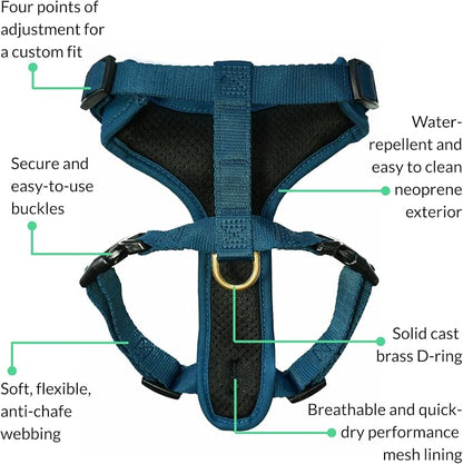 Adventure Dog Harness - Stylish and Durable Medium Dog Harness for Outdoor Adventures and Everyday Wear - Indigo Blue Neoprene Adjustable Harness for Dogs with Reflective Piping, Brass D-Ring