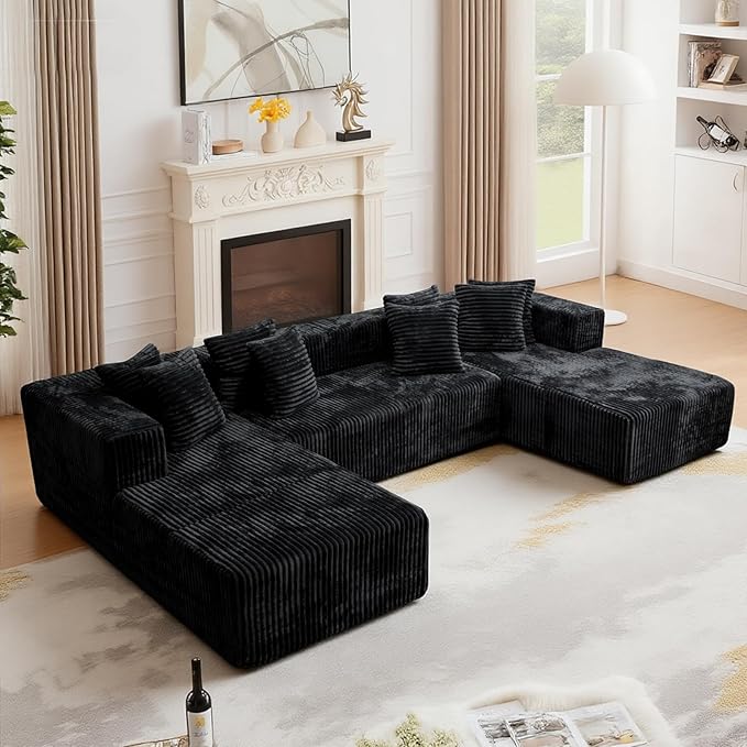 106'' Boneless Couches for Living Room, L Shaped Modular Sectional Sofa with Chaise Lounge, Faux Rabbit Fur & Layered Cushion Deep Seat Cloud Couch, No Assembly (Black, 130 U Shaped)