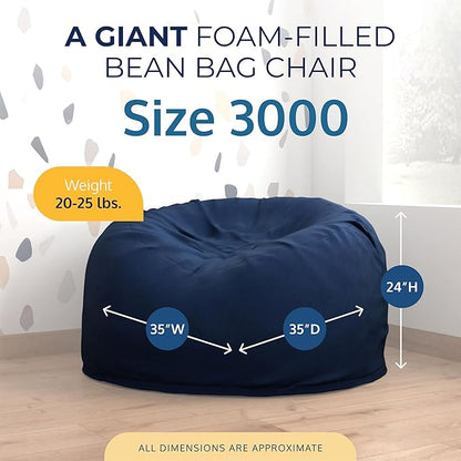 ULTIMATE SACK 3000 3-Foot Bean Bag Chair, Navy Suede Cover – Oversized Foam Lounger, Floor Seat, Small Sofa, or Couch Bed for Living Area, Gaming Room, or Reading Lounge