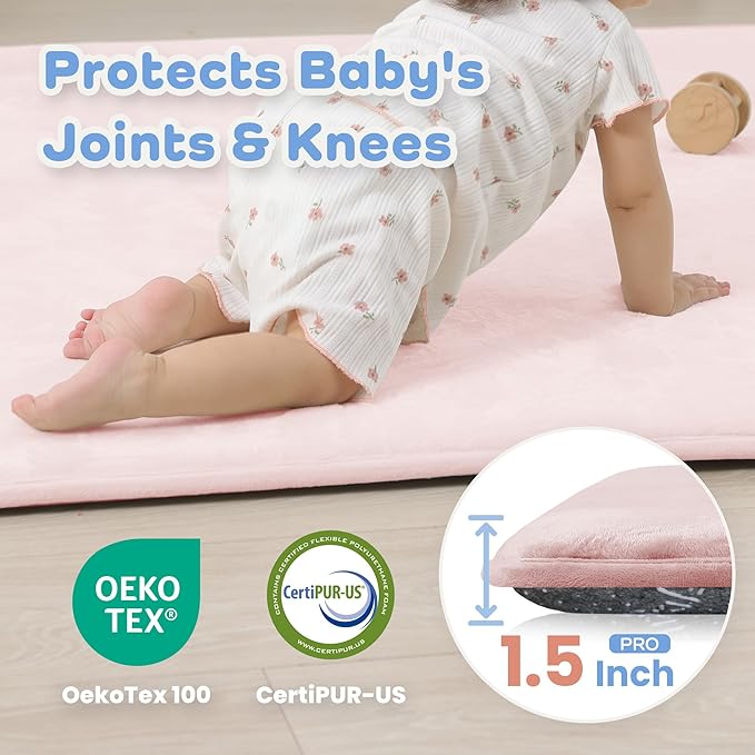 PaPaMat 1.5" Thick Baby Play Mat for Floor, 39x59 Playpen Mat, Pro Soft Flannel Foam Mats Toddler Infant Kids Crawling for Nursery Rug Playroom Living Room Waterproof Easy Care Non-Slip (Baby Pink)