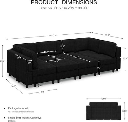 114.2" 8 Seat Modular Sectional Sofa with Deep Storage Seat, Comfy Corduroy Sectional Couch Convertible Modular Sleeper Sofa Couch with Movable Ottoman Chaise, Black