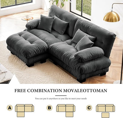 94.4" Loveseat Sofa, 2 Seater Modular Sectional Sofa, Grey Large L Shaped Sectional Fluffy Couch, Chenille Cloud Couch with Ottoman, Deep Seat Sofas for Living Room