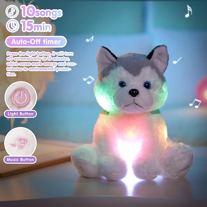 Houwsbaby 12'' Gray Light Up Musical Stuffed Animal Husky Singing LED Dog Glowing Plush Toy Lullaby Animated Soothe Birthday Festival Present for Kids Toddler Girls