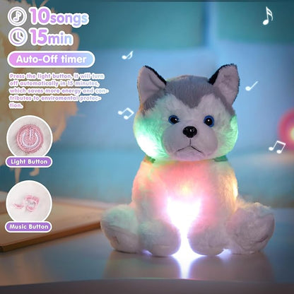 Houwsbaby 12'' Gray Light Up Musical Stuffed Animal Husky Singing LED Dog Glowing Plush Toy Lullaby Animated Soothe Birthday Festival Present for Kids Toddler Girls
