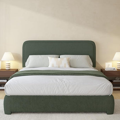 BarnFurin Queen Bed Frame with Headboard, Boucle Upholstered Platform Bed with Wood Slats, Soft Rounded Corners, No Box Spring Required, Easy Assembly, Green