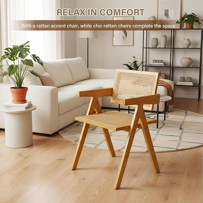 Furlide Rattan Dining Chairs Set of 4, Modern Mid Century Accent Chairs, Comfy Armchairs, Outdoor Rattan Chairs with Armrest for Bedroom Living Room Reading Room Dining Kitchen