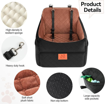 Dog Car Seat for Small/Medium Dogs, Dog Booster Car Seats with Thick Cushion for Dogs Under 35lbs, Detachable Washable Pet Car Seat with Storage Pockets, 2 Safety Belts(Black/Brown)