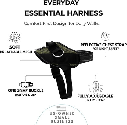 ShawnCo Essential Dog Harness, No-Pull Pet Vest (Military Camo,XS) | 3 Leash Clips, Easy On, No-Choke, Reflective, Adjustable Fit, Padded Comfort, Control Handle, For Small, Medium & Large Dogs