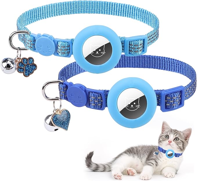PUPTECK Airtag Cat Collar Breakaway 2 Pack with Bells, Reflective Kitten Collar with Air Tag Holder for Boy Girl Kitty and Puppies, Soft, Navy Blue & Light Blue