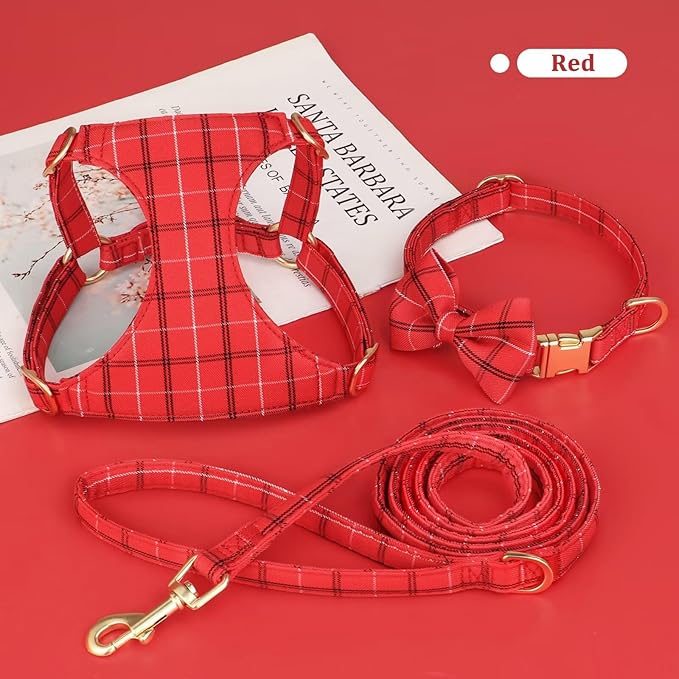 Beirui Cute Extra Small Dog Harness Collar and Leash Set with Bowtie, Soft Adjustable Plaid Puppy Harness for Small Sized Dogs Cats Walks Parties and Photoshoots(Red,XS:Chest 13-18")