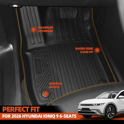 Floor Mats for 2026 Hyundai Ioniq 9 Unmovable Console 6-Seats with 2nd Row Captain's Chairs Floor Mats & Trunk Mat with Backrest Mat for Hyundai Ioniq 9 Accessories All Weather Floor Liner