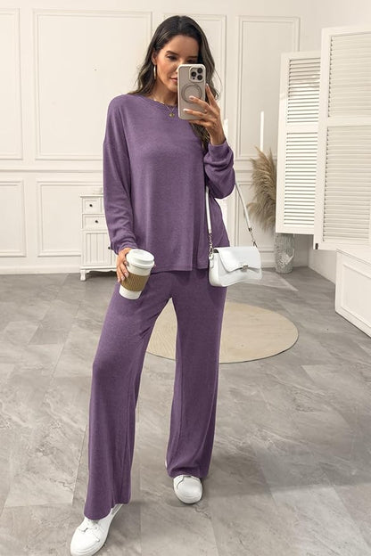 AmazingStar Womens Lounge Set 2025 Fall 2 Piece Outfits Long Sleeve Tops Wide Leg Long Pants Cozy Matching Sets Clothing