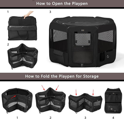 DONORO Dog Playpen Portable Pet Play Pens for Small Dog/Cat/Rabbit/Chicks, Cat Playpen Indoor/Outdoor with Carring Case, Removable Zipper Top and Bottom (Black, Extra Large (55"x55"x30"), 8)