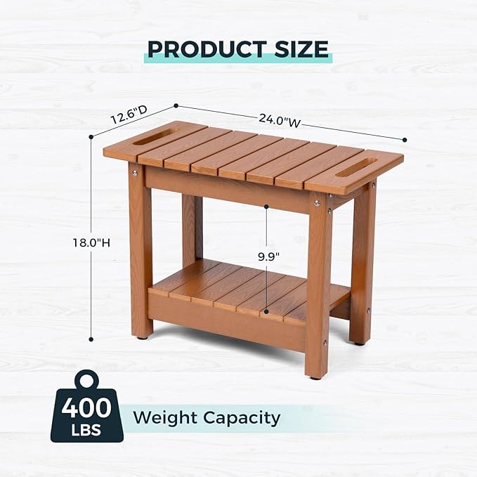 Waterproof Shower Bench, 24" Poly Lumber Shower Stool for Shaving Legs, Shower Chair Seat with Storage Shelf and Handles, Bathroom Bench for Inside Shower, Non-Slip (Brown)