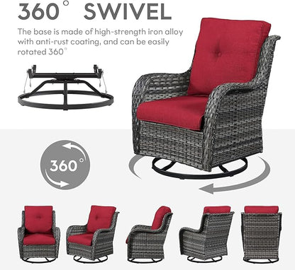Belord 5 Pieces Patio Wicker Furniture Set - 4 Outdoor Swivel Rocker Glider Chairs with 50000BTU Propane Fire Pit Table, Warm Patio Conversation Set Red Cushion Perfect for Casual Gathering