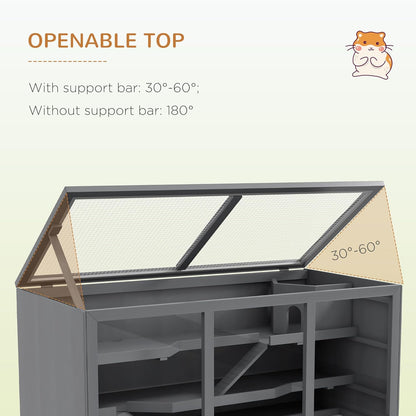 PawHut 45" Extra Large Wooden Hamster Cage, 3-Layer Chewproof Rat Cage with Opening Roof, Hut, Ramps, for Gerbil, Dwarf & Syrian Hamsters, Gray