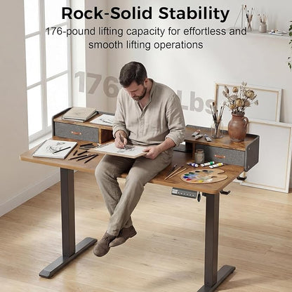 Electric Standing Desk with Drawers, 48 Inch Height Adjustable Desk with Power
