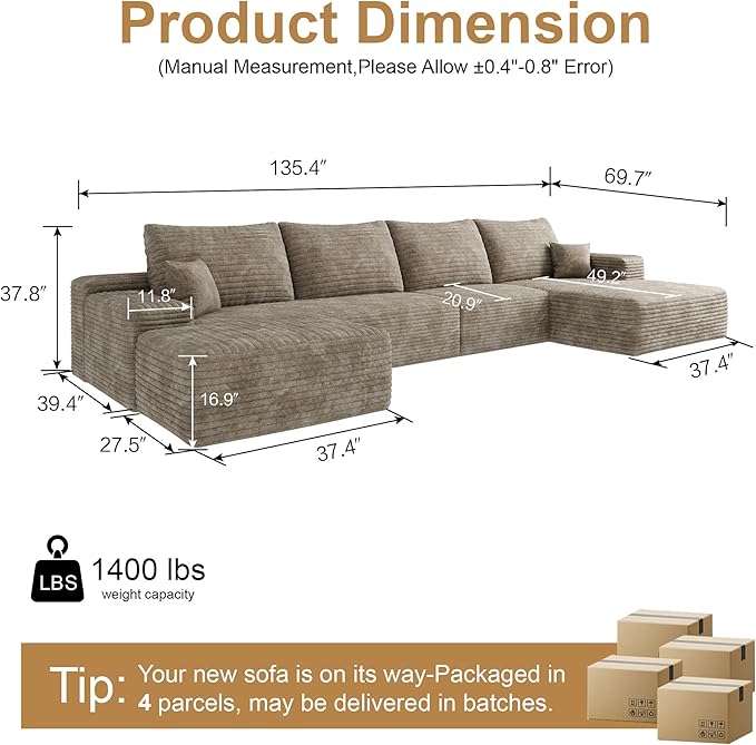 136" Sectional Couches for Living Room Modern Modular Sofa with L-Shape Couchs Upholstered Boneless Couch Deep Seat Sectional Couch with Chaise (Camel, Right Facing Chaise+3Seaters+Ottoman)