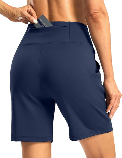 Women's Athletic Shorts with Zipper Pocket 7" High Waisted Stretchy Bermuda Shorts for Women Workout Running Casual