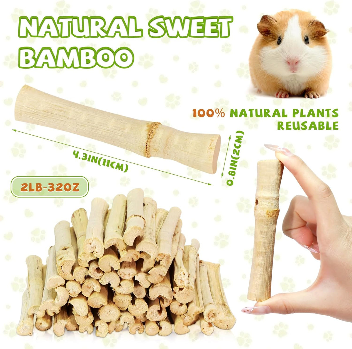 2lb Natural Sweet Bamboo Chew Toys for Small Pets - Organic Molar Sticks with Xylose & Vitamins for Rabbit, Guinea Pig, Hamster - Dental Care & Chewing Entertainment