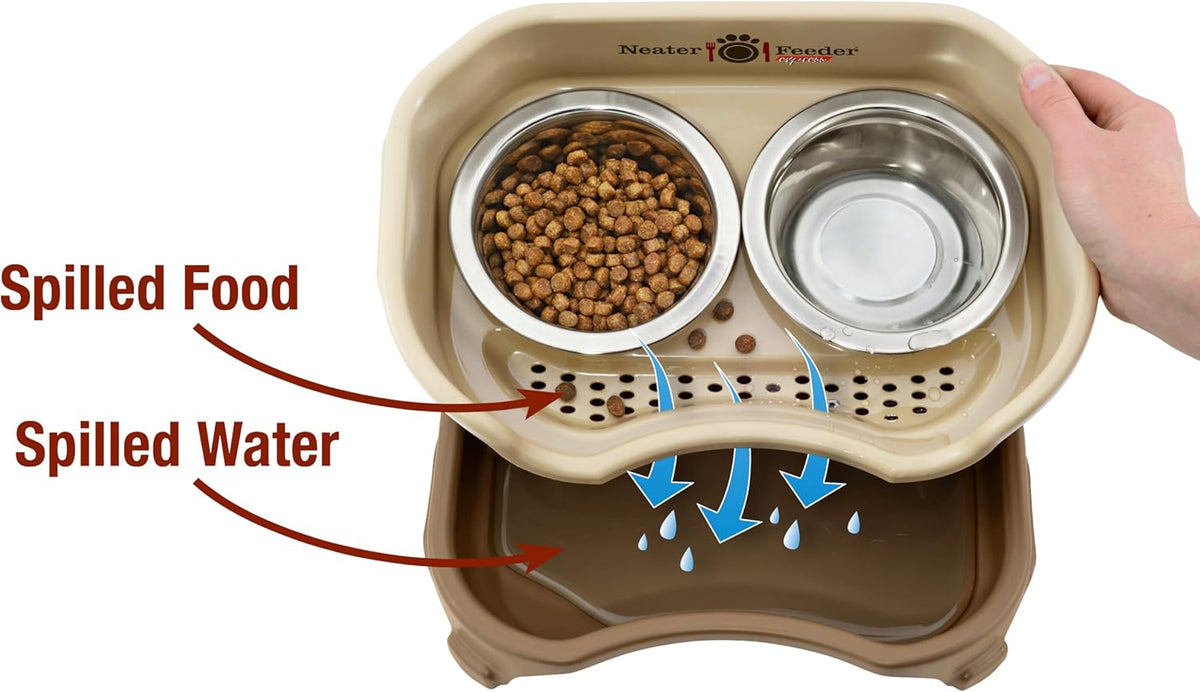 Neater Feeder Express Mess Proof Dog Bowls Elevated for Small Breeds under 15 Lb, Made in USA, No Spill Raised Dog Food Bowl Stand, Stainless Steel Food and Water Bowl Set, Feeding Station, Cappuccino