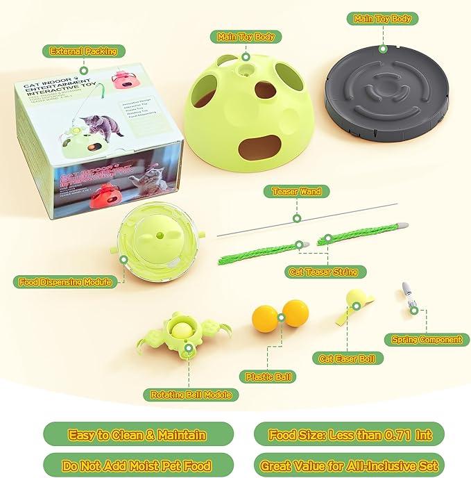 4-in-1 Cat Toys, Interactive Cats Toy with Track Balls, Fluttering Feathers, Slow Food Dispenser, Fun & Engaging Cat Toys for Bored Indoor Cats, Durable & Safe (Green)
