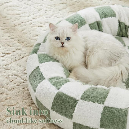 Ohocut Checkered Cat Dog Bed, Cute Sage Green Retro Style Aesthetic Round Warming Pet Calming Beds for Small Dog and Cats, Plush Cozy Donut Beds Washable, 23" L x 23" W x 8" Th
