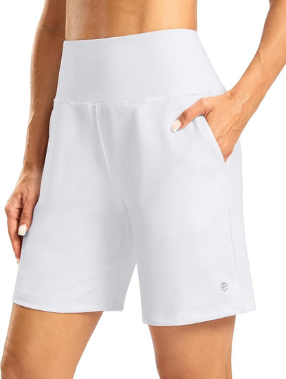 Women's Athletic Shorts with Zipper Pocket 7" High Waisted Stretchy Bermuda Shorts for Women Workout Running Casual