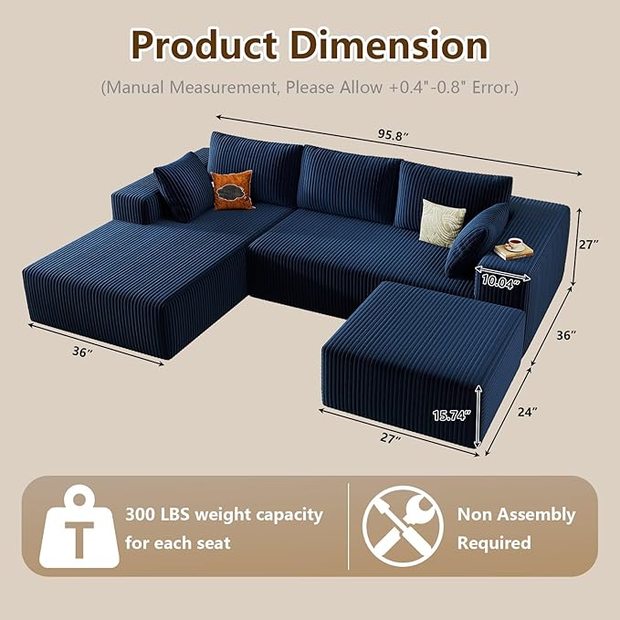96" U-Shape Cloud Couch, Modern Modular Sectional L-Shape Sofa with Ottoman, Corduroy Upholstered Couches Deep Seat Sleeper Chaise Longue for Living Room, No Assembly Required(Blue, Left Facing)