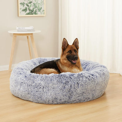 Bedfolks Calming Donut Dog Bed - 45 Inch Round Plush Dog Bed, Anti-Anxiety, Washable & Non-Slip (Navy Blue, Extra Large)