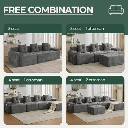 YAAREE 101.65” Modular Sectional Couch for Living Room, Modren L-Shape Cloud Sectional 3-Seater Sofa with Movable Ottoman, Woven Texture Upholstery Boneless Couch, No Assembly Grey