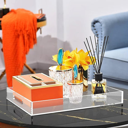 Acrylic Serving Trays with Handles, 16"x 12" Rectangle Sturdy Breakfast Tray, Clear Decorative Trays Organiser for Bedroom, Kitchen, Living Room, Bathroom, Hospital and Outdoors