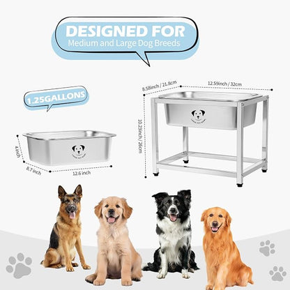 1.25 Gallon Elevated Large Dog Water Bowl, 10.23" Raised Stainless Steel Bowl for Medium Large Breed, Elevated Dog Water Bowl with Full Metal Stand, Easy to Clean and Assemble for Indoor Outdoor