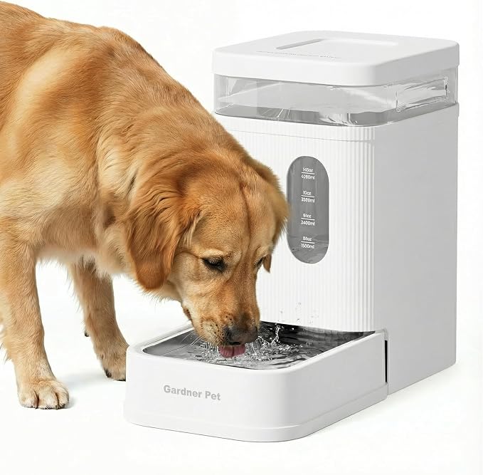 Gardner Pet 1.7 Gallon Automatic Dog Water Bowl Dispenser 6.5L Gravity Water Feeder with Stainless Steel Bowl & Maifan Stone Filter, BPA-Free for for Cats and Dogs (White, 1.7 Gallon)