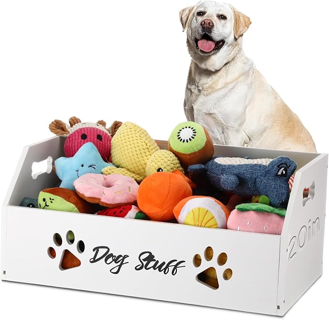 Leinuosen Large Dog Toy Bin Basket, 20 Inch Large Stuff Toy Storage Basket Bin with Bone Handle Cutout Pattern Pine Container for Organizing and Storage Dog Leash Chew Toys(White, Undivided)