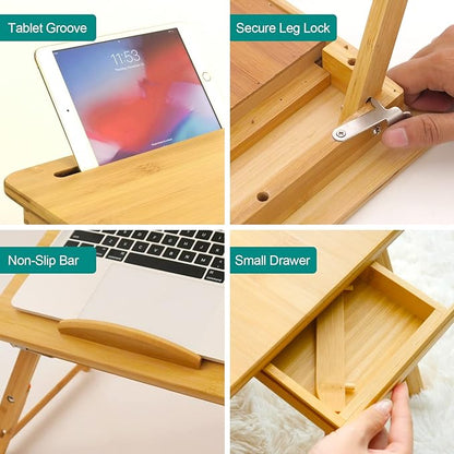 Lap Desk COIWAI Bed Table Desk Tray Laptop Desk for Bed Adjustable Height Angle Foldable Portable with Tablet Phone Holder with Storage Drawer for Bed Sofa Couch, for Eating Writing Bamboo