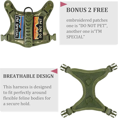 Tactical Cat Harness and Leash for Walking Esacpe Proof,Adjustable Soft Mesh Large Cat Vest with Rubber Handle Easy to Control,Molle Patches
