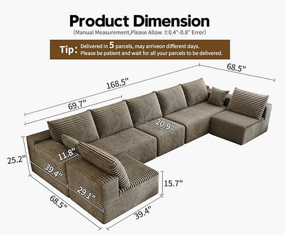 168.5" Modular Sectional Sofa, Oversized U-Shaped Minimalist Couches with 3 Middle Seats Chaise, Modern Deep Seat Convertible Sleeper Sofa, Cloud Plush Corduroy Fabric,7 Seater, Camel