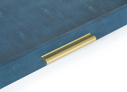 HofferRuffer Elegant Decorative Serving Tray, 20"x20" Square Faux Leather Ottoman Tray with Gold Hardware Handles, Coffee Table Serve Tea, Coffee or Breakfast (Navy Blue)