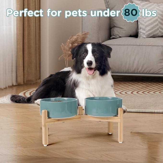 SPUNKYJUNKY Elevated Dog Bowls Ceramic, 7.3'' Dogs Food Water Bowls Raised with Non-Slip Bamboo Stand for Medium to Large Sized Breed Microwave Dishwasher Safe - 42 OZ,Dark Green