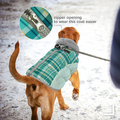 FUAMEY Dog Coat for Large Dogs,Waterproof Dog Winter Jacket with Harness Built in Puppy Cold Weather Coats Reflective Pet Vest with Zipper Warm Fleece Dogs Snowsuit Windproof Green Plaid XL