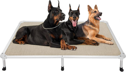 Veehoo Chew Proof Elevated Dog Bed - Cooling Raised Pet Cot - Silver Aluminum Frame and Durable Textilene Mesh Fabric, Unique Designed No-Slip Feet for Indoor or Outdoor Use, Beige Coffee, XX Large