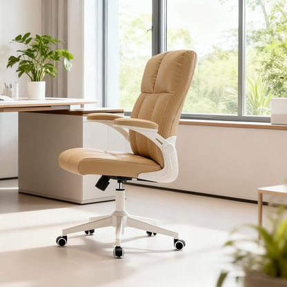 Ergonomic Home Office Desk Chair with Space Saving Flip-Up Arms, 360° Swivel & Reclining Back, High-Back Executive Chair in Soft Faux Leather Chair Multi-Angle from 90° to 135°with 450LBS Capacity