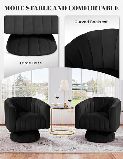 Kromax Swivel Accent Chair with Armrest, Mid Century 360 Degree Swivel Barrel Chair Overstuffed Tufted Velvet, Ideal for Living Room, Bedroom, Reading Room, Black