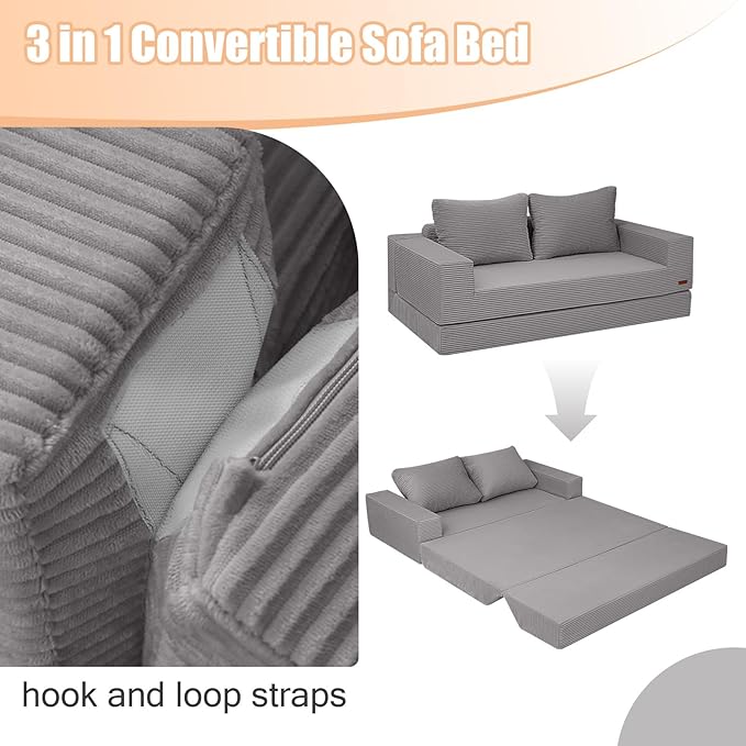 COMAX Convertible Sofa Bed Queen, Corduroy Folding Floor Couch Pull Out Couch Bed Futon Sleeper with Pillows, Fold Out Boneless Sofa Comfy Lounge Mattress Loveseat for Living Room Bedroom, Light Grey